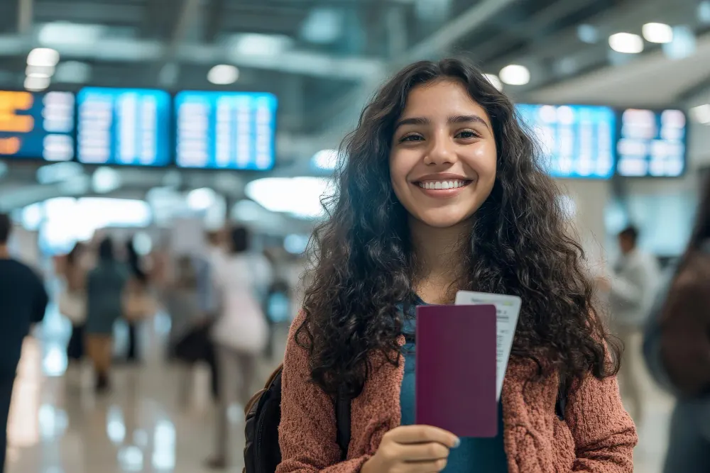 Smiling student holding her passport at the airport